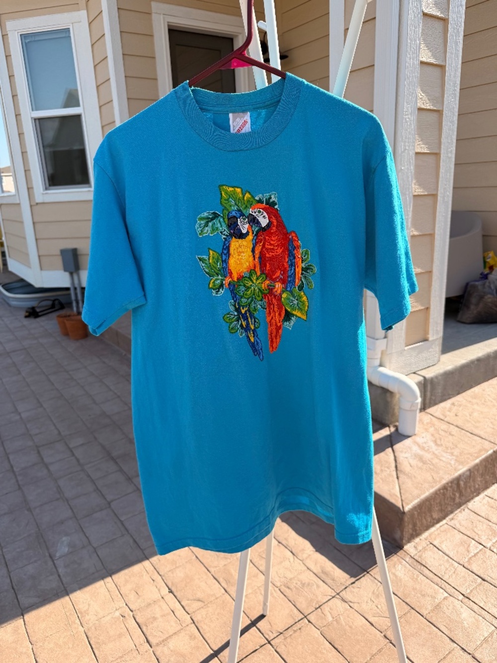 Vintage 90s Jerzees Tropical Parrot Graphic T Shirt Turquoise Large Made USA